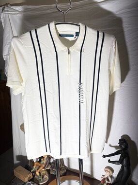 Perry Ellis Cream Short-Sleeve Zip Polo with Navy Vertical Stripes